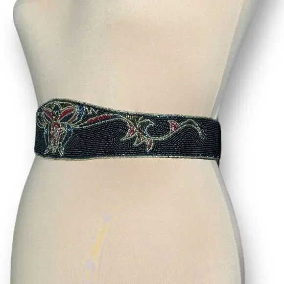 Vintage La Regale Belt Wide Black Multicolor Metallic Beaded Handmade Statement - Picture 3 of 14